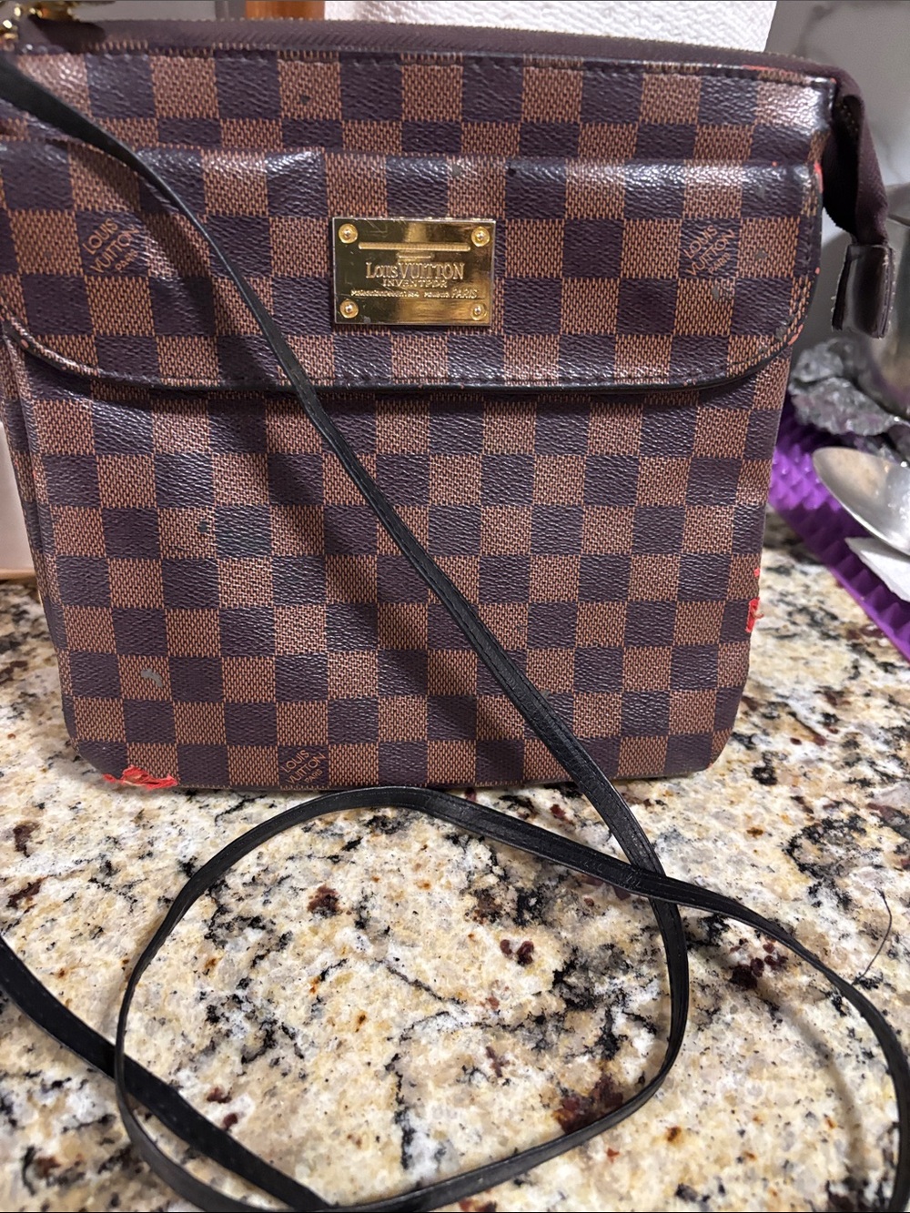 Louis Vuitton Brown Damier Ebene Crossbody with Black Strap and Gold Plaque-Asis - Picture 2 of 16